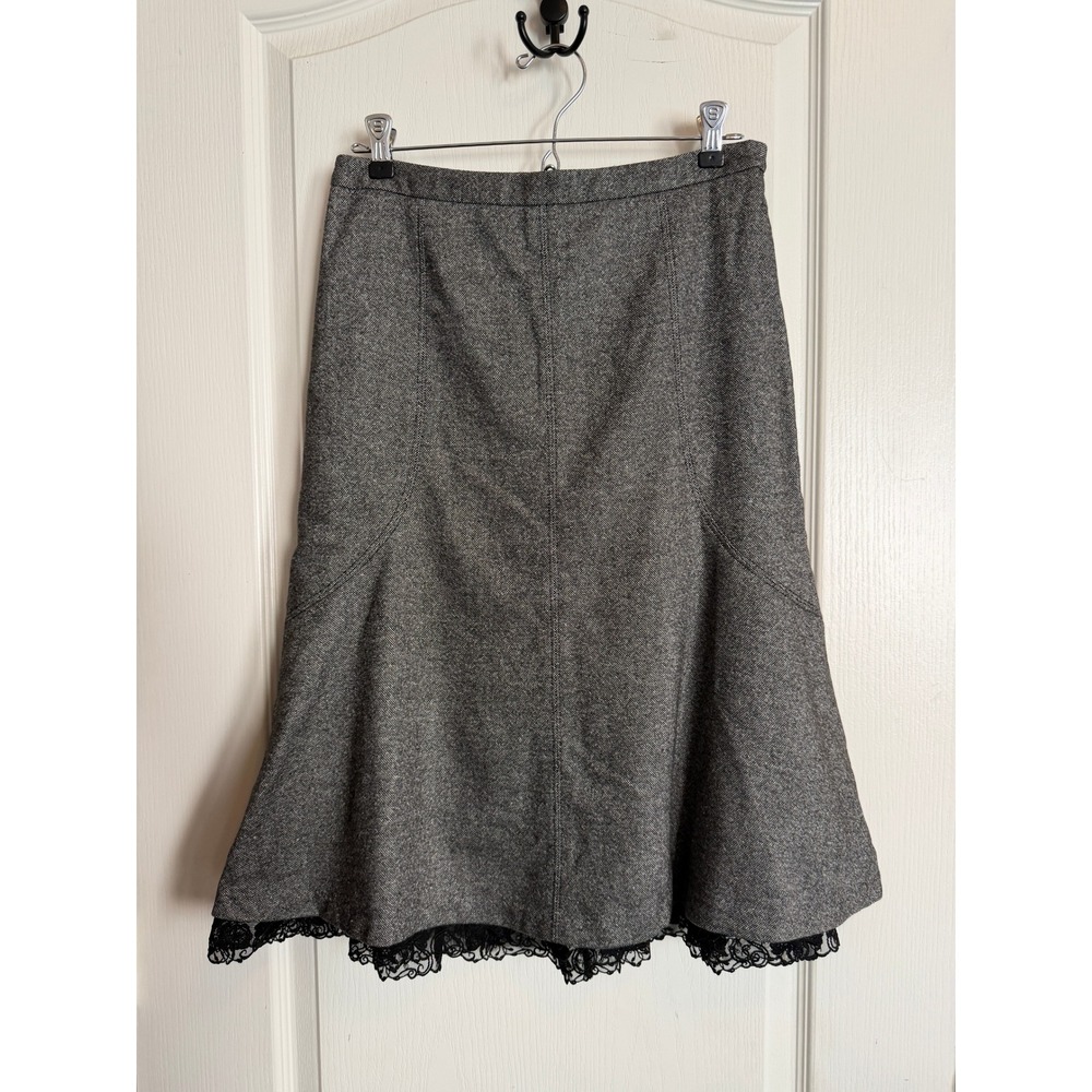 Ann Taylor Trumpet Skirt Women 2 Gray Wool Blend Lace Trim Dark Academia Tweed - Picture 3 of 16